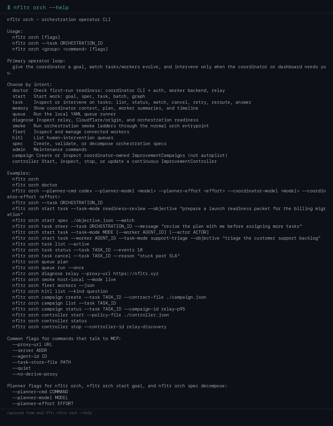 Terminal output of nfltr orch --help listing command groups: doctor, start, task, memory, queue, diagnose, smoke, fleet, hitl, spec, admin, campaign, and controller